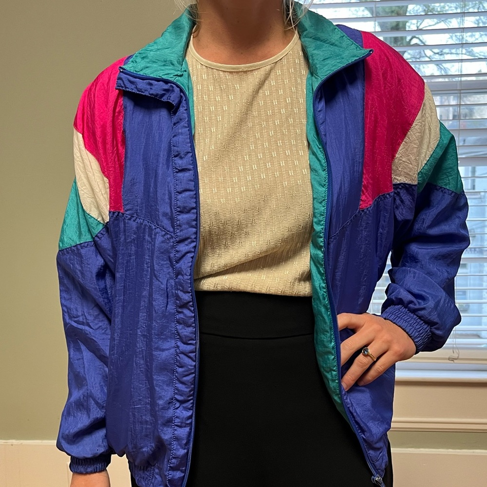 Bocoo Vintage 80's 90's Retro Multi-Color Windbreaker Track Jacket Womens Small